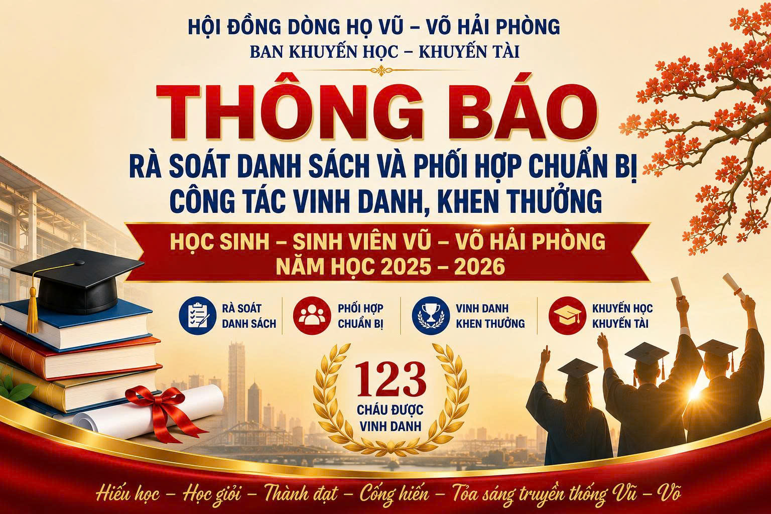 Danh sách và phối hợp chuẩn bị công tác vinh danh, khen thưởng học sinh – sinh viên Vũ – Võ Hải Phòng năm học 2025–2026